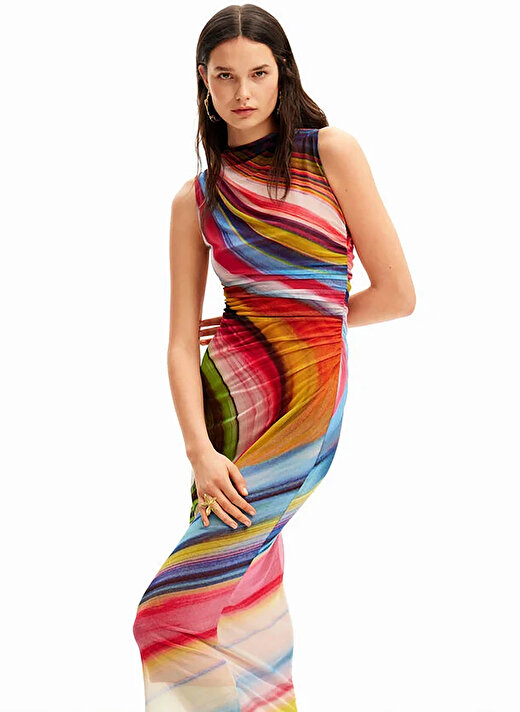 Desigual Yuvarlak Yaka Desenli Çok Renkli Uzun Kadın Elbise 24SWVK67 2