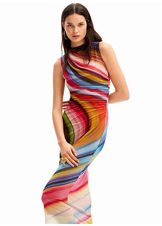 Desigual Yuvarlak Yaka Desenli Çok Renkli Uzun Kadın Elbise 24SWVK67 2