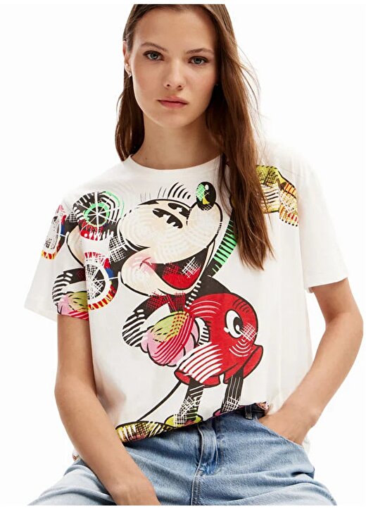 Desigual Mickey Mouse Baskılı Yuvarlak Yaka Beyaz Kadın T-Shirt 24SWTKAR 1
