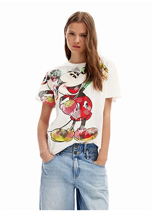 Desigual Mickey Mouse Baskılı Yuvarlak Yaka Beyaz Kadın T-Shirt 24SWTKAR 2
