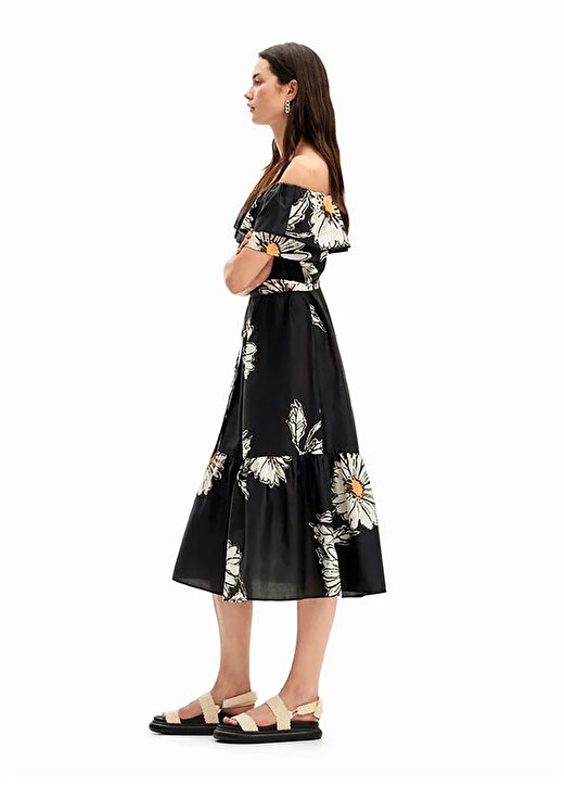 Desigual Klasik Yaka Desenli Siyah Uzun Kadın Elbise 24SWVW02 3