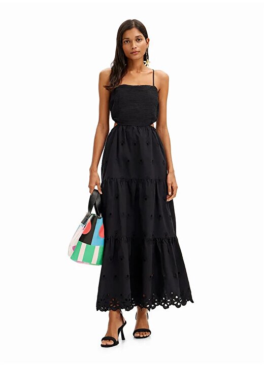 Desigual Kare Yaka Düz Siyah Uzun Kadın Elbise 24SWVW12 1