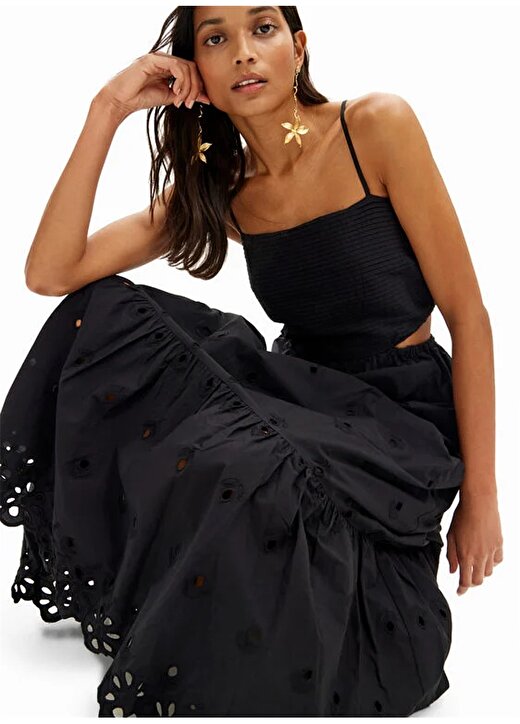 Desigual Kare Yaka Düz Siyah Uzun Kadın Elbise 24SWVW12 2