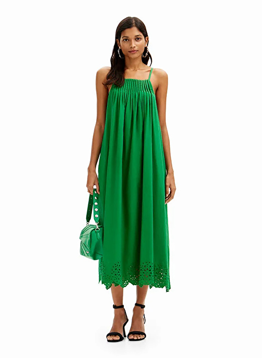 Desigual Kare Yaka Düz Yeşil Uzun Kadın Elbise 24SWVW21 1