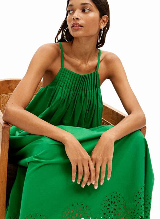 Desigual Kare Yaka Düz Yeşil Uzun Kadın Elbise 24SWVW21 2