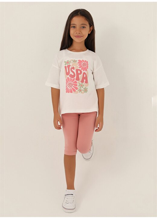 U.S. Polo Assn. Baskılı Ekru - Pembe - Ekru Kız Çocuk Pijama Takımı US1800 1