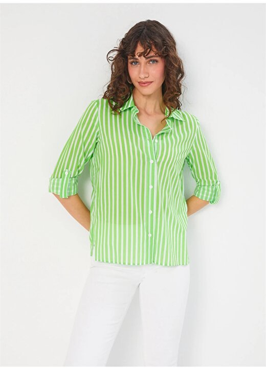 Faik Sönmez Slim Fit Gömlek Yaka Açık Yeşil Kadın Gömlek U68361 3