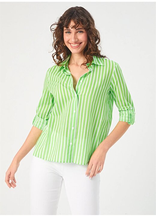 Faik Sönmez Slim Fit Gömlek Yaka Açık Yeşil Kadın Gömlek U68361 4