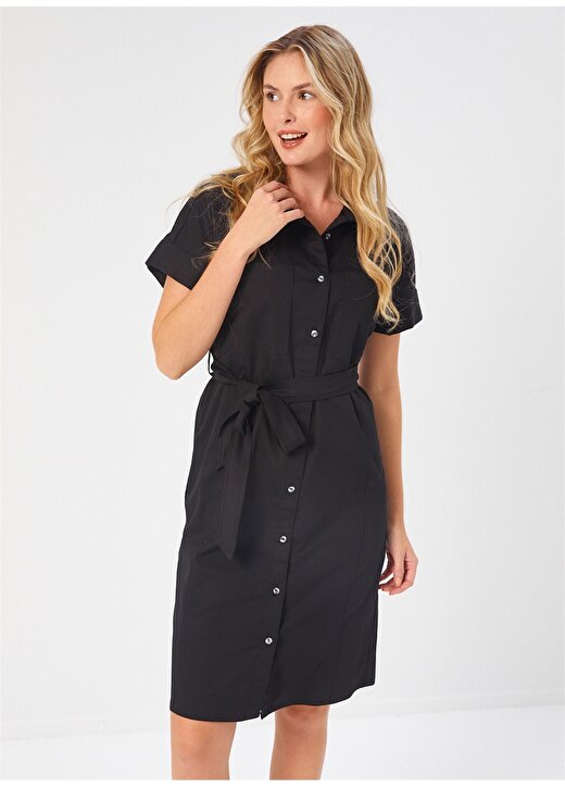 Faik Sönmez Gömlek Yaka Siyah Diz Altı Kadın Elbise U68293 2