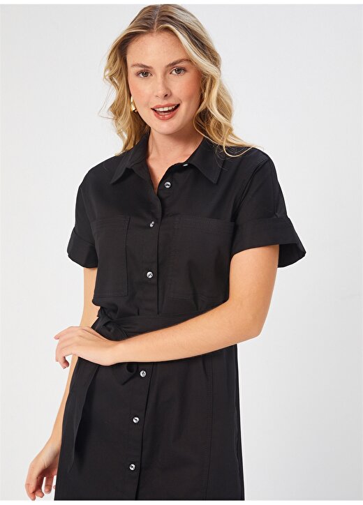 Faik Sönmez Gömlek Yaka Siyah Diz Altı Kadın Elbise U68293 4