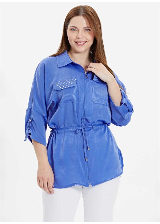 Selen Gömlek Yaka Taşlı Mavi Kadın Bluz 24YSL8830-BB 2