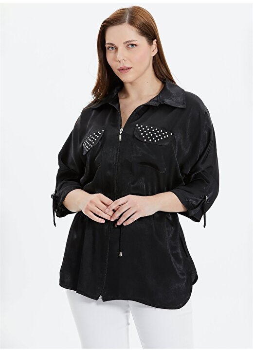Selen Gömlek Yaka Taşlı Siyah Kadın Bluz 24YSL8830-BB 1