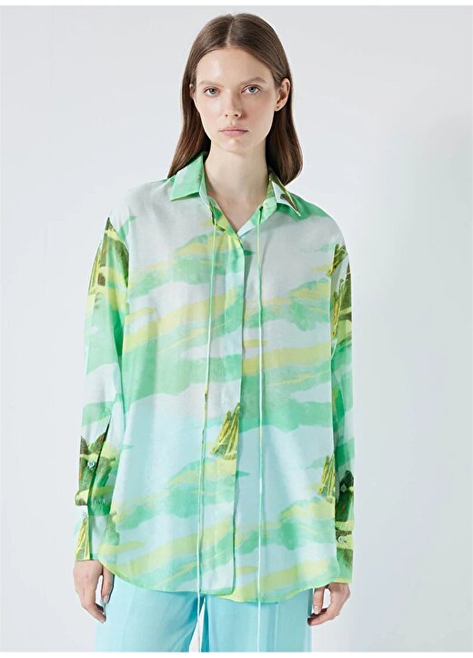 İpekyol Gömlek Yaka Desenli Yeşil Kadın Tunik IS1240016012070 2