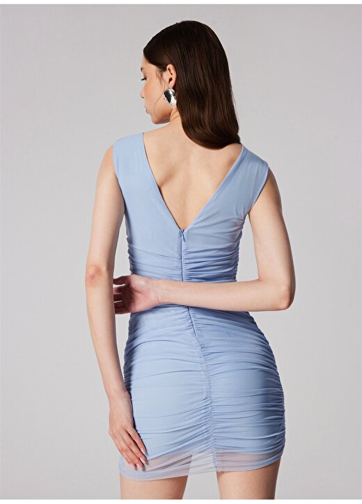 Sagaza For Boyner Açık Mavi Kadın V Yaka Mini Normal Abiye Elbise SGZB023 4