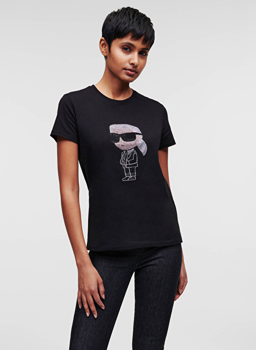 KARL LAGERFELD Yuvarlak Yaka Baskılı Siyah Kadın T-Shirt 230W1770 1