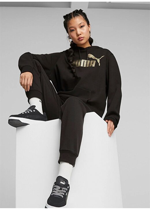 Puma Siyah Kadın Kapüşon Yaka Normal Kalıp Sweatshirt 84909651 ESS+ Metallic Logo Hoodie 3