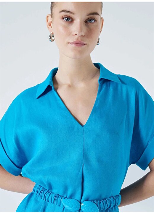İpekyol V Yaka Düz Mavi Midi Kadın Elbise IS1240002295089 3