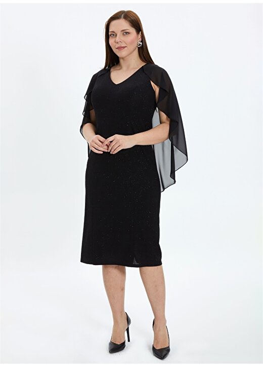Selen V Yaka Simli Siyah Standart Kadın Elbise 24YSL7474-BB 1