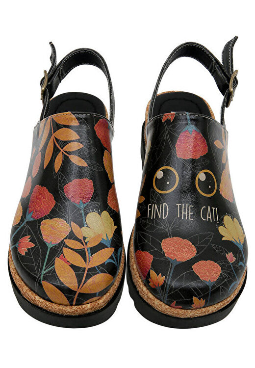 Kadın Vegan Deri Siyah Kalın Taban Sandalet - Find the Cat Tasarım 2