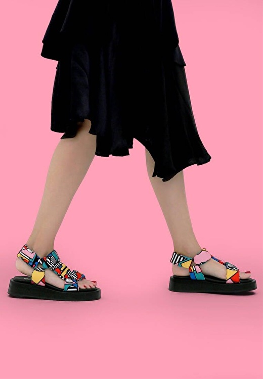 Kadın Vegan Çok Renkli Kalın Taban Sandalet - Painting in Harmony Tasarım 2