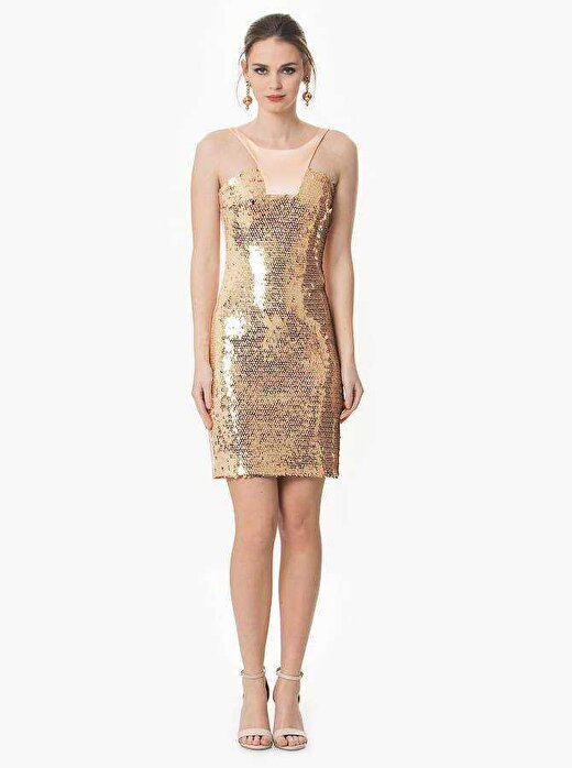 Payetli Yaka Detaylı Mini Gold Abiye Elbise Gold Y1611067_076 1