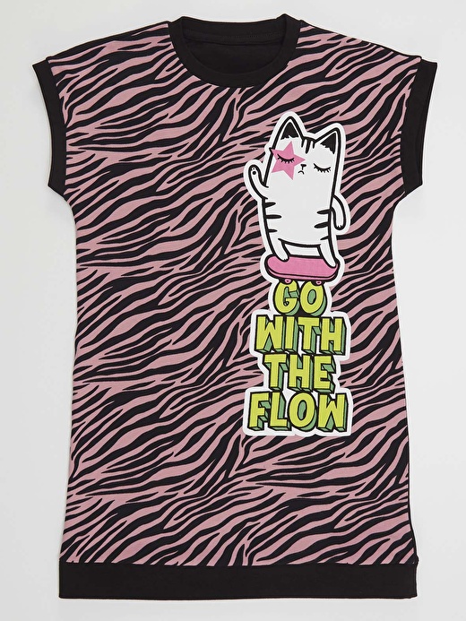 Kaykaycı Kedi Kız Çocuk Zebra Elbise 3