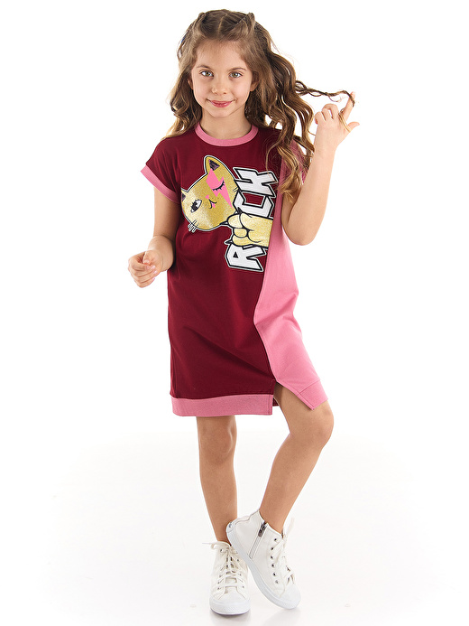 Rock Kedi Pamuklu Kız Çocuk Pembe Elbise 1