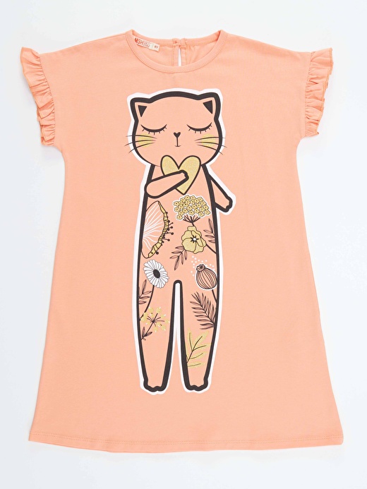 Çiçekli Kedi Pamuklu Kız Çocuk Somon Elbise 3