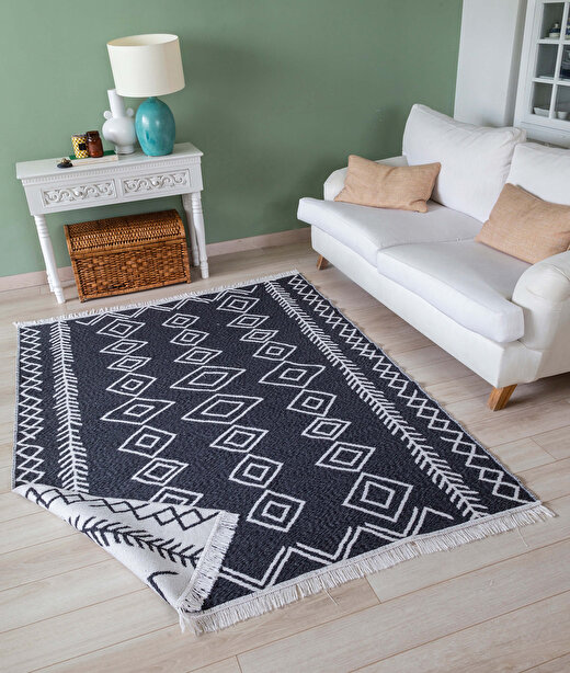 Duo Beyaz Siyah Çift Taraflı Yıkanabilir Dokuma Kilim 23000A 2