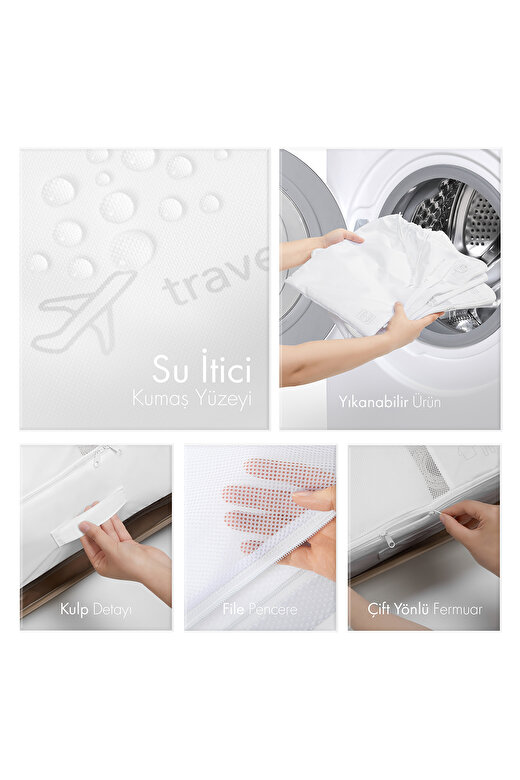 Ocean Home Textile 4'lü Yıkanabilir Beyaz Renk Paraşüt Kumaş Bavul İçi Organizer Set 3