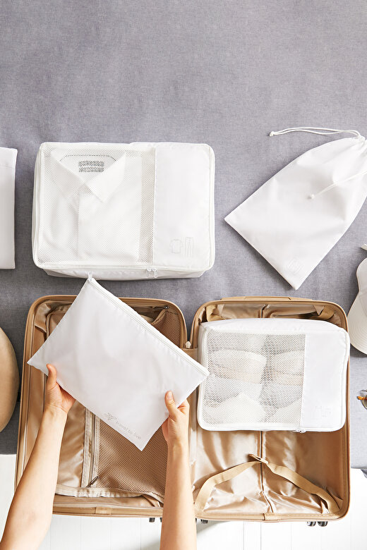 Ocean Home Textile 4'lü Yıkanabilir Beyaz Renk Paraşüt Kumaş Bavul İçi Organizer Set 4