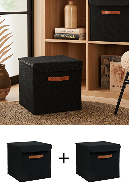 Ocean Home Textile 2'li Siyah Renk Jüt Kapaklı Kutu Set 30 x 30 x 30 cm 1