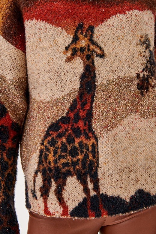 Dik Yaka Zürafa Desen Yünlü Kahverengi Triko Kazak 2