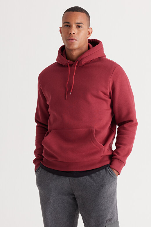 Erkek Bordo Standart Fit Pamuklu Kapüşonlu Sweatshirt 1