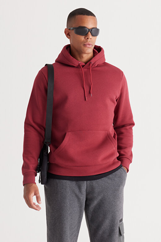 Erkek Bordo Standart Fit Pamuklu Kapüşonlu Sweatshirt 2