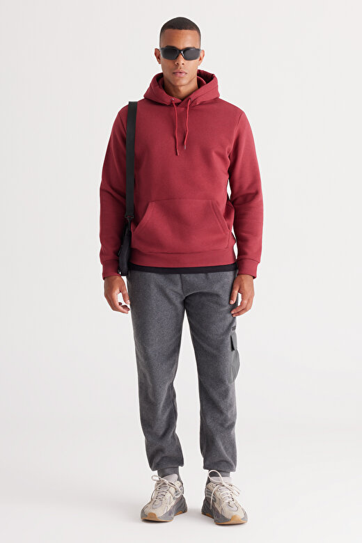 Erkek Bordo Standart Fit Pamuklu Kapüşonlu Sweatshirt 3