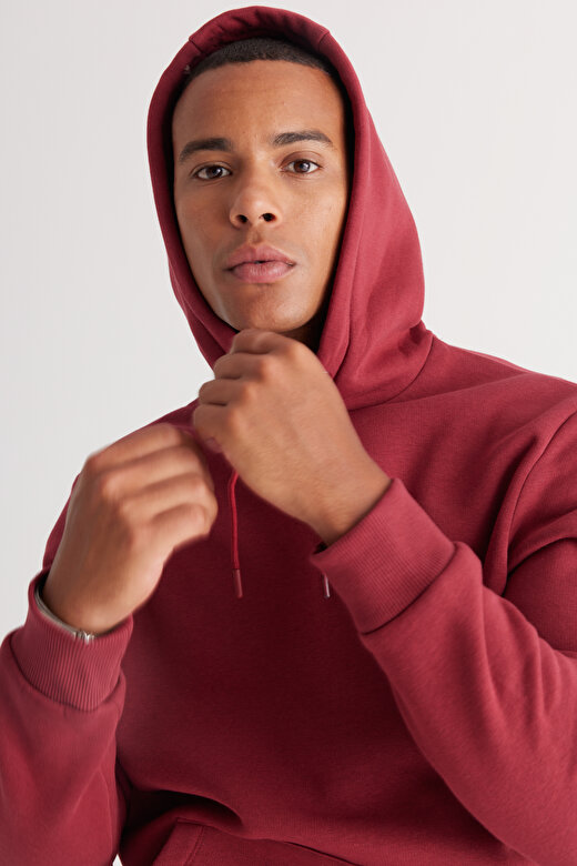 Erkek Bordo Standart Fit Pamuklu Kapüşonlu Sweatshirt 4