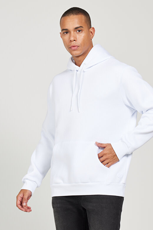 Erkek Beyaz Standart Fit Pamuklu Kapüşonlu Sweatshirt 2