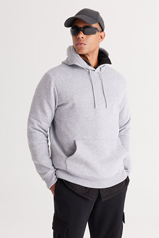 Erkek Gri Melanj Standart Fit Pamuklu Kapüşonlu Sweatshirt 1