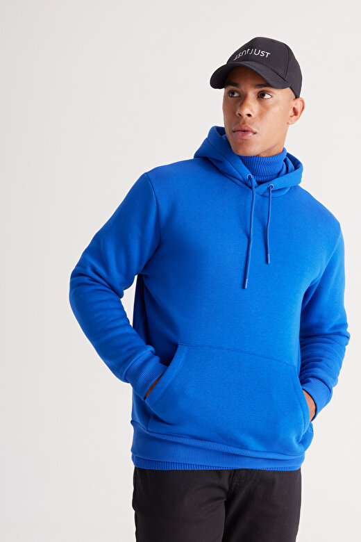 Erkek Koyu Mavi Standart Fit Pamuklu Kapüşonlu Sweatshirt 1