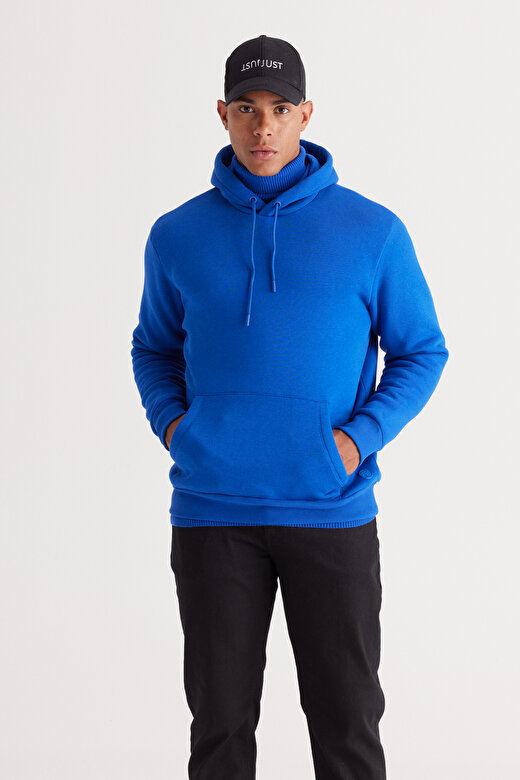 Erkek Koyu Mavi Standart Fit Pamuklu Kapüşonlu Sweatshirt 3