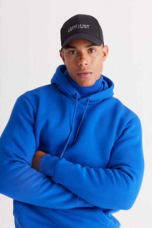 Erkek Koyu Mavi Standart Fit Pamuklu Kapüşonlu Sweatshirt 4