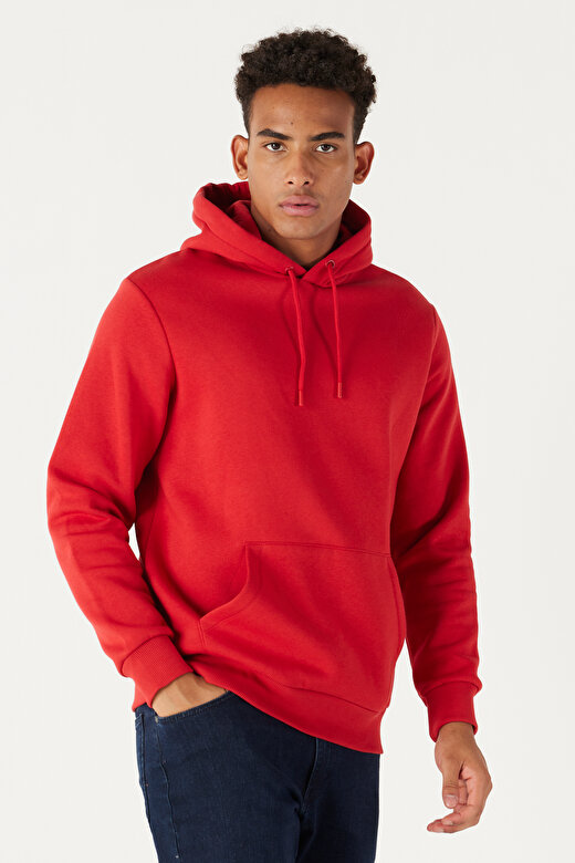 Erkek Kırmızı Standart Fit Pamuklu Kapüşonlu Sweatshirt 2