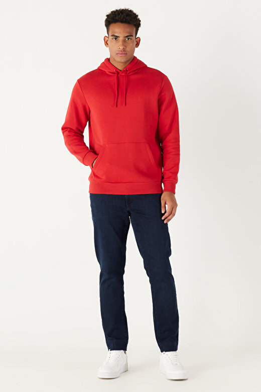Erkek Kırmızı Standart Fit Pamuklu Kapüşonlu Sweatshirt 3