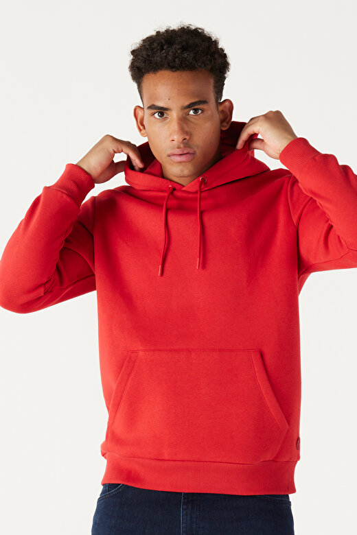 Erkek Kırmızı Standart Fit Pamuklu Kapüşonlu Sweatshirt 4