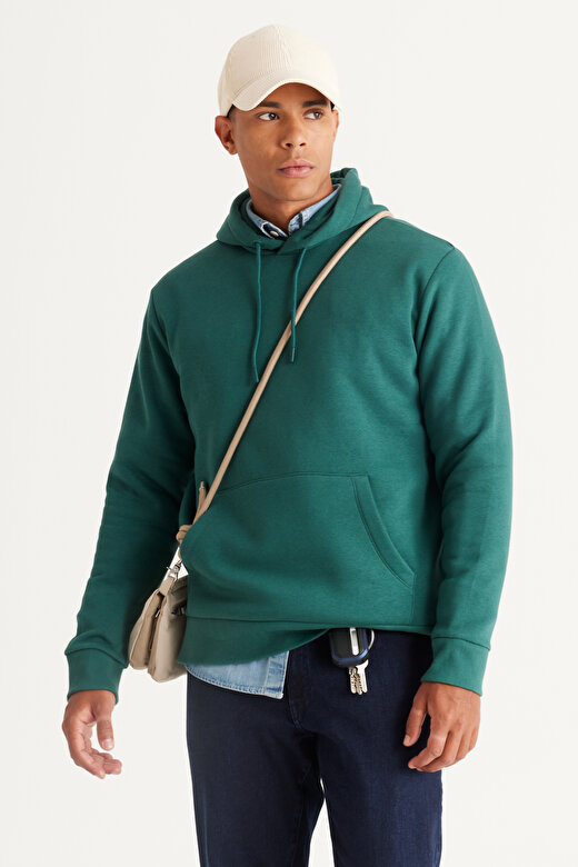 Erkek Koyu Yeşil Standart Fit Pamuklu Kapüşonlu Sweatshirt 2