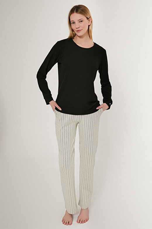 Pierre Cardin Star Siyah Kadın Uzun Kol Pijama Takım 1