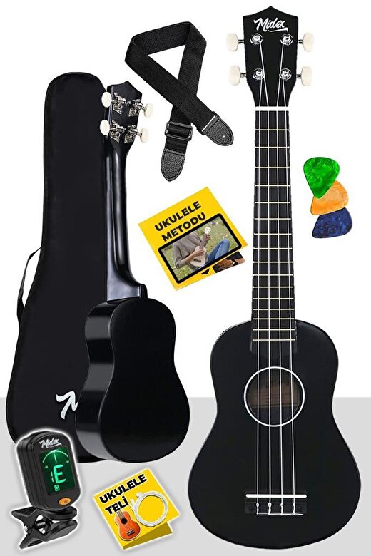 Midex UKX-233BKT Siyah Concert Ukulele (Tuner TEL Askı Çanta Metod Pena) 1