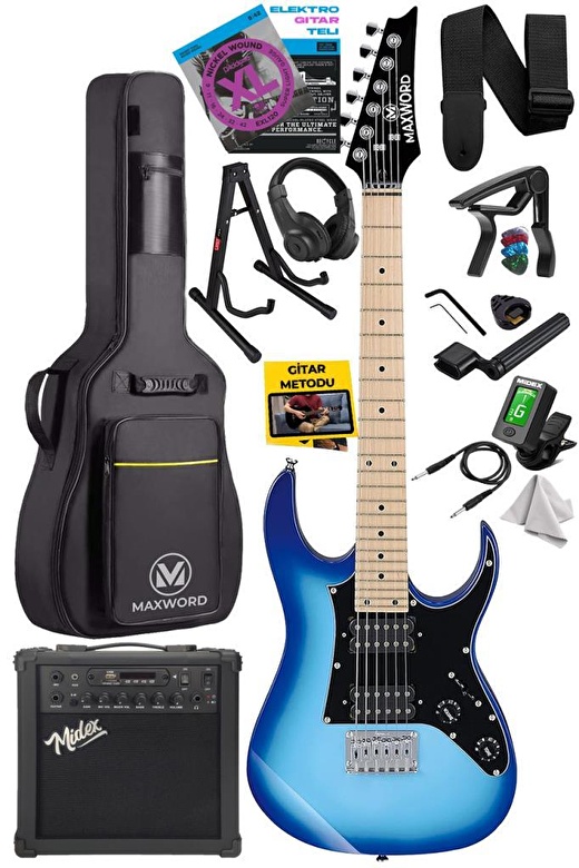 Maxword DE-150BL-25AMP Maple Klavye HH Yüksek Kaliteli 25W Amfili Elektro Gitar Seti 1
