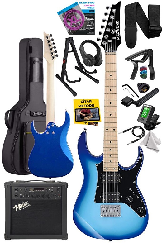 Maxword DE-150BL-25AMP Maple Klavye HH Yüksek Kaliteli 25W Amfili Elektro Gitar Seti 3